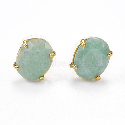 Natural Green Aventurine Stud Earrings, with Golden Tone Brass Findings, Faceted Oval, 14~14.5x11mm, Pin: 0.8mm(X-EJEW-L196-04H)