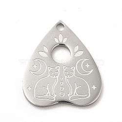 304 Stainless Steel Pendants, Heart with Cat Charms, Stainless Steel Color, 25x22x1.4mm, Hole: 2mm(STAS-F290-16P)
