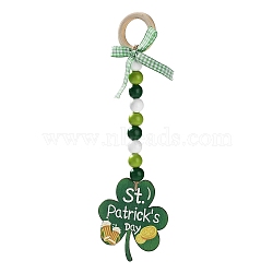 Saint Patrick's Day Wood Pendant Decoration, with Wood Beaded and Ring Hanging Decoration, Clover, 262mm(HJEW-G023-02C)