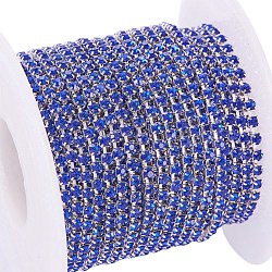 Brass Rhinestone Strass Chains, Cadmium Free & Lead Free, with Spool, Rhinestone Cup Chain, about 2880pcs Rhinestone/bundle, Grade A, Silver Color Plated, Sapphire, 2mm, about 10yards/roll(CHC-R125-S6-06S)