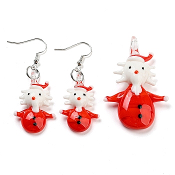 Christmas Handmade Lampwork Jewelry Sets, Dangle Earrings and Pendants, with Brass Earring Hooks and Jump Rings, Santa Claus, Red, Earring: 56mm, Pin: 0.6mm, Pendant: 54x32x15mm, Hole: 6.5mm