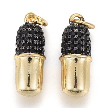Brass Micro Pave Black Cubic Zirconia Pendants, Long-Lasting Plated, with Jump Rings, Capsule Shape, Golden, Black, 16x6x6mm, Hole: 4.5x0.8mm
