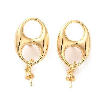 Brass Stud Earring Findings, with Peg Bails for Half Drilled Beads, Oval, Real 18K Gold Plated, 21x10mm, Pin: 0.5~0.6mm