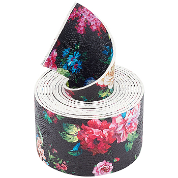 PU Leather Fabric Printing Flower Fabric, for Shoes Bag Sewing Patchwork DIY Craft Appliques, Black, 5x0.2cm