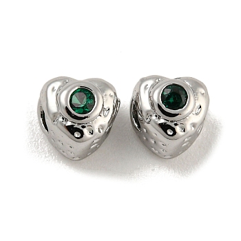 Brass Micro Pave Clear Cubic Zirconia Beads, Platinum, Heart, Green, 4.5x4.5x4.5mm, Hole: 1.6mm