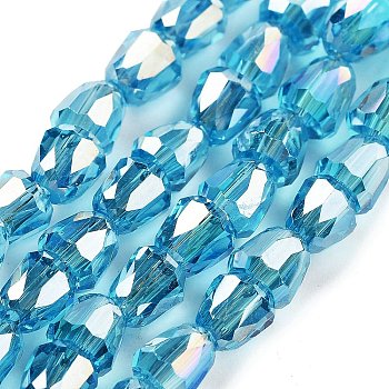 Electroplate Glass Beads Strands, Faceted, Bell, Deep Sky Blue, 4x3.5~4mm, Hole: 1mm, about 98pcs/strand, 13.70''(34.8cm)