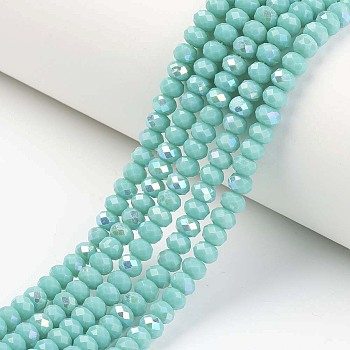 Electroplate Opaque Solid Color Glass Beads Strands, Half Rainbow Plated, Faceted, Rondelle, Turquoise, 2.3~2.7x1.5mm, Hole: 0.4mm, about 150~155pcs/strand, 32~33cm