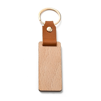 Wooden & Imitation Leather Pendant Keychain, with Iron Rings, Rectangle, 13cm