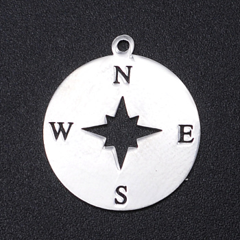 201 Stainless Steel Laser Cut Pendants, Compass, Stainless Steel Color, 22x19.5x1mm, Hole: 1.4mm