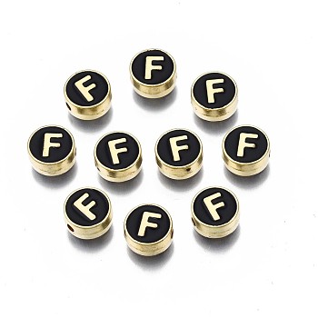 Alloy Enamel Beads, Cadmium Free & Lead Free, Light Gold, Flat Round with Alphabet, Black, Letter.F, 8x4mm, Hole: 1.5mm