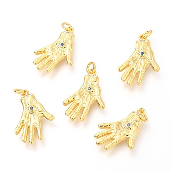 Brass Micro Pave Royal Blue Cubic Zirconia Pendants, with Jump Rings, Hand with Eye, Real 18K Gold Plated, 18.7x13x2.2mm, Hole: 2.5mm