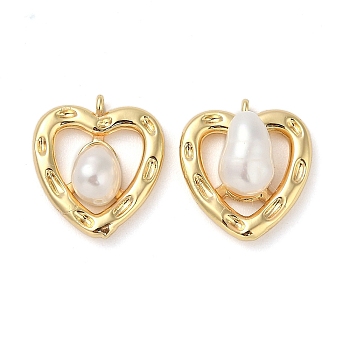 Brass Pave Natural Freshwater Pearl Pendants, Heart Charms, White, Real 18K Gold Plated, 17x16x7mm, Hole: 1.4mm