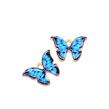 Alloy Enamel Pendants, Butterfly Charms, Light Gold, Deep Sky Blue, 21x15mm