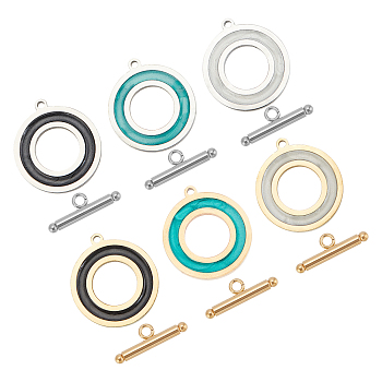 6Sets 6 Colors 304 Stainless Steel Toggle Clasps, with Enamel, Ring, Mixed Color, Ring: 22x20x2mm, Hole: 1.5mm, Bar: 21x7x3mm, Hole: 2mm, 1set/color