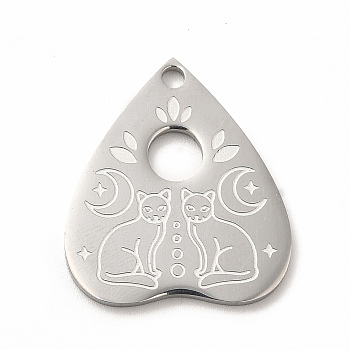 304 Stainless Steel Pendants, Heart with Cat Charms, Stainless Steel Color, 25x22x1.4mm, Hole: 2mm