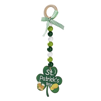 Saint Patrick's Day Wood Pendant Decoration, with Wood Beaded and Ring Hanging Decoration, Clover, 262mm