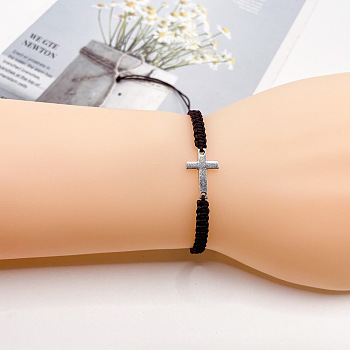 Alloy Cross Link Bracelets for Men Women, with Nylon Braided Cord, Platinum, Coconut Brown, 5-7/8~12-5/8 inch(15~32cm)