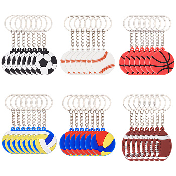 42pcs 6 Style Sports Goods PVC Pendant Keychain, with Iron Keychain Findings, Football & Rugby & Basketball, Mixed Patterns, 100~101mm, 7pcs/style