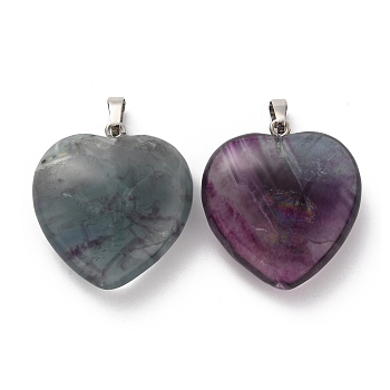 Natural Colorful Fluorite Pendants, Heart Charms, with Rack Plating Platinum Tone Brass Snap on Bails, 32~33x30~31x12~13mm, Hole: 5x8mm