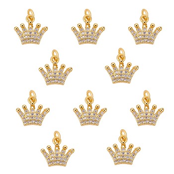 10Pcs Brass Micro Pave Clear Cubic Zirconia Charms, Long-Lasting Rack Plated, Crown, Real 18K Gold Plated, 10x11x2mm, Hole: 2mm