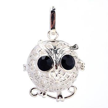 Rack Plating Brass Cage Pendants, For Chime Ball Pendant Necklaces Making, with Rhinestone, Owl, Silver, 32x27x23mm, Hole: 3mm, inner measure: 18mm