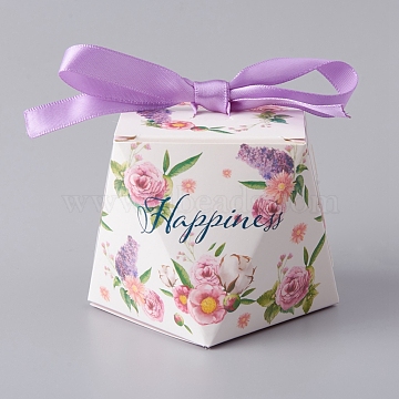 Paper Gift Boxes, with Ribbons, Birthday Wedding Party Chocolate Candy Gift Boxes, Floral Pattern, Lilac, 5.9x7.85x7.95mm(X-CON-D006-02E)