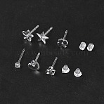 60Pcs 6 Style Star & Shamrock & Bell & Flower & Butterfly & Heart Resin Stud Earring Findings, with 200Pcs Plastic Ear Nuts, Clear, 5~14x4~14mm, Pin: 0.8mm, 10Pcs/style(FIND-FS0001-96)
