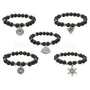 Natural Lava Rock Beaded Stretch Bracelet with Alloy Charms, Mixed Shapes, Inner Diameter: 1-3/4~2 inch(4.5~5cm)(BJEW-JB09477)