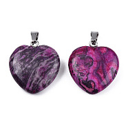 Natural Map Stone Pendants, with Stainless Steel Color Tone Stainless Steel Snap On Bails, Heart Charm, Dyed & Heated, Medium Violet Red, 22~22.5x20~20.5x6mm, Hole: 2.5x5mm(G-N0325-18F)