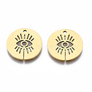 201 Stainless Steel Pendants, Laser Cut, Flat Round with Eye, Golden, 15.5x15.5x1mm, Hole: 1.4mm(STAS-Q240-044G)