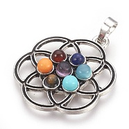 Natural & Synthetic Gemstone Pendants, with Alloy Findings, Flower, Chakra, Antique Silver, 36x30x5mm, Hole: 5x8mm(X-KK-F756-05A)