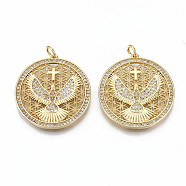 Brass Micro Pave Clear Cubic Zirconia Pendants, with Jump Rings, Nickel Free, Flat Round with Eagle & Cross, Real 16K Gold Plated, 23.5x25.5x2mm, Jump Ring: 5x0.8mm, 3.4mm inner diameter(ZIRC-S067-191-NF)