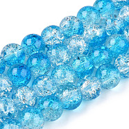 Baking Painted Crackle Glass Bead Strands, Two Tone, Round, Deep Sky Blue, 8mm, Hole: 1.3~1.6mm, about 100pcs/strand, 31.4 inch.(CCG-S001-8mm-06-A)