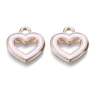 Alloy Enamel Charms, Heart, Pink, Light Gold, 15x14x2mm, Hole: 2mm(ENAM-Q425-29)