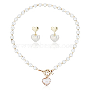 ABS Plastic Pearl Heart Pendant Necklace with Beaded Chains & Dangle Stud Earrings, Jewelry Set for Women, Golden, 17.72 inch(45cm), 13.5x15x7mm, pin: 0.7mm(SJEW-AN0001-18)
