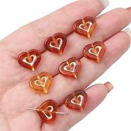 Imitation Amber Transparent Acrylic Beads, Chocolate, Metal Enlaced, Heart, 12.5x14.5x5mm, Hole: 1.6mm, about 25pcs/set(X-MACR-D071-02D)