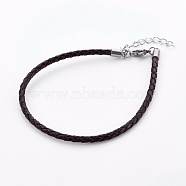 Braided Leather Cord Bracelet Making, with 304 Stainless Steel Lobster Claw Clasps and Extension Chain, Stainless Steel Color, Coconut Brown, 8-1/2 inch(21.5cm), 3mm(MAK-L018-05E)