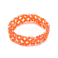 Bling Glass Beaded Stretch Bracelet, Braided Flower Bracelet for Women, Coral, Inner Diameter: 2 inch(5cm)(BJEW-N018-03-06)