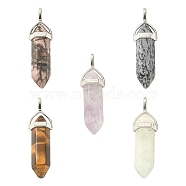 5Pcs 5 Styles Natural Mixed Gemstone Double Terminated Pointed Pendants, Faceted Bullet, with Platinum Plated Random Alloy Pendant Hexagon Bead Cap Bails, 37~40x12mm, Hole: 3x4mm, 1pc/style(G-YW0001-45)