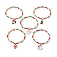 5Pcs 5 Styles Electroplate Glass Beaded Stretch Bracelet Sets, Christmas Tree & Snowflake Alloy Enamel Charm Stackable Bracelets for Women, Mixed Color, Inner Diameter: 2-1/2 inch(6.2cm), 1pc/style(BJEW-JB10381)