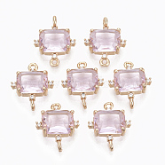 Glass Links connectors, with Brass Micro Pave Cubic Zirconia, Faceted, Cuboid, Light Gold, Pink, 17.5x14x5.5mm, Hole: 1.2mm(GLAA-T021-10F)