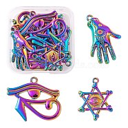 12Pcs 3 Style Plated Alloy Pendants, Star of David with Eye & Egyptian Eye of Horus & Hand of Eye, Rainbow Color, 25~27x20~31x2~3.5mm, Hole: 1.6~2mm, 4pcs/style(X1-FIND-LS0001-44MC)