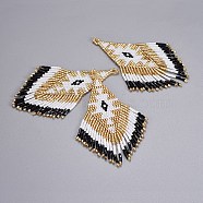 Handmade Japanese Seed Beads Tassels Pendants, with Japan Import Thread, Loom Pattern, Rhombus, White, 87~89x26x2mm, Hole: 1.5mm(X-SEED-P003-03B)