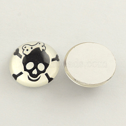 Skull and Crossbones Pattern Printed Glass Half Round Cabochons, Nautical Cabochons, Black, 25x11mm(GGLA-Q032-25mm-02E)