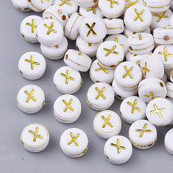 Plating Acrylic Beads, Golden Metal Enlaced, Horizontal Hole, Flat Round with Alphabet, White, Letter.X, 7x3.5mm, Hole: 1.2mm, about 360pcs/50g(X-PACR-R242-01X)