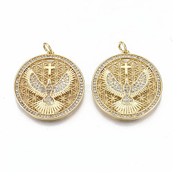 Brass Micro Pave Clear Cubic Zirconia Pendants, with Jump Rings, Nickel Free, Flat Round with Eagle & Cross, Real 16K Gold Plated, 27.5x25.5x2mm, Jump Ring: 5x0.8mm, 3.4mm inner diameter(ZIRC-S067-191-NF)