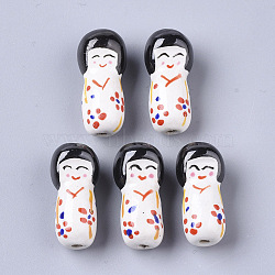 Handmade Porcelain Beads, Famille Rose Style, Japanese Kokeshi Doll Shape, White, 25.5~27.5x11.5~12.5x11.5~12.5mm, Hole: 1.6~2mm(PORC-N004-A-49)