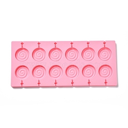 DIY Lollipop Making Food Grade Silicone Molds, Candy Molds, Flat Round with Spiral, 12 Cavities, Pink, 115x264x8mm, Inner Diameter: 36mm, Fit for 3mm Stick(DIY-P065-08)
