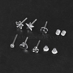 60Pcs 6 Style Star & Shamrock & Bell & Flower & Butterfly & Heart Resin Stud Earring Findings, with 200Pcs Plastic Ear Nuts, Clear, 5~14x4~14mm, Pin: 0.8mm, 10Pcs/style(FIND-FS0001-96)