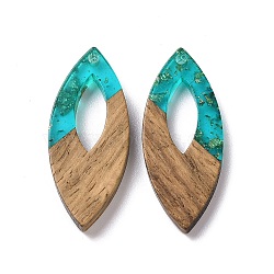 Transparent Resin & Walnut Wood Pendants, with Gold Foil, Horse Eye Charms, Dark Turquoise, 38x15.5x3.5mm, Hole: 2mm(RESI-N025-047A-02)